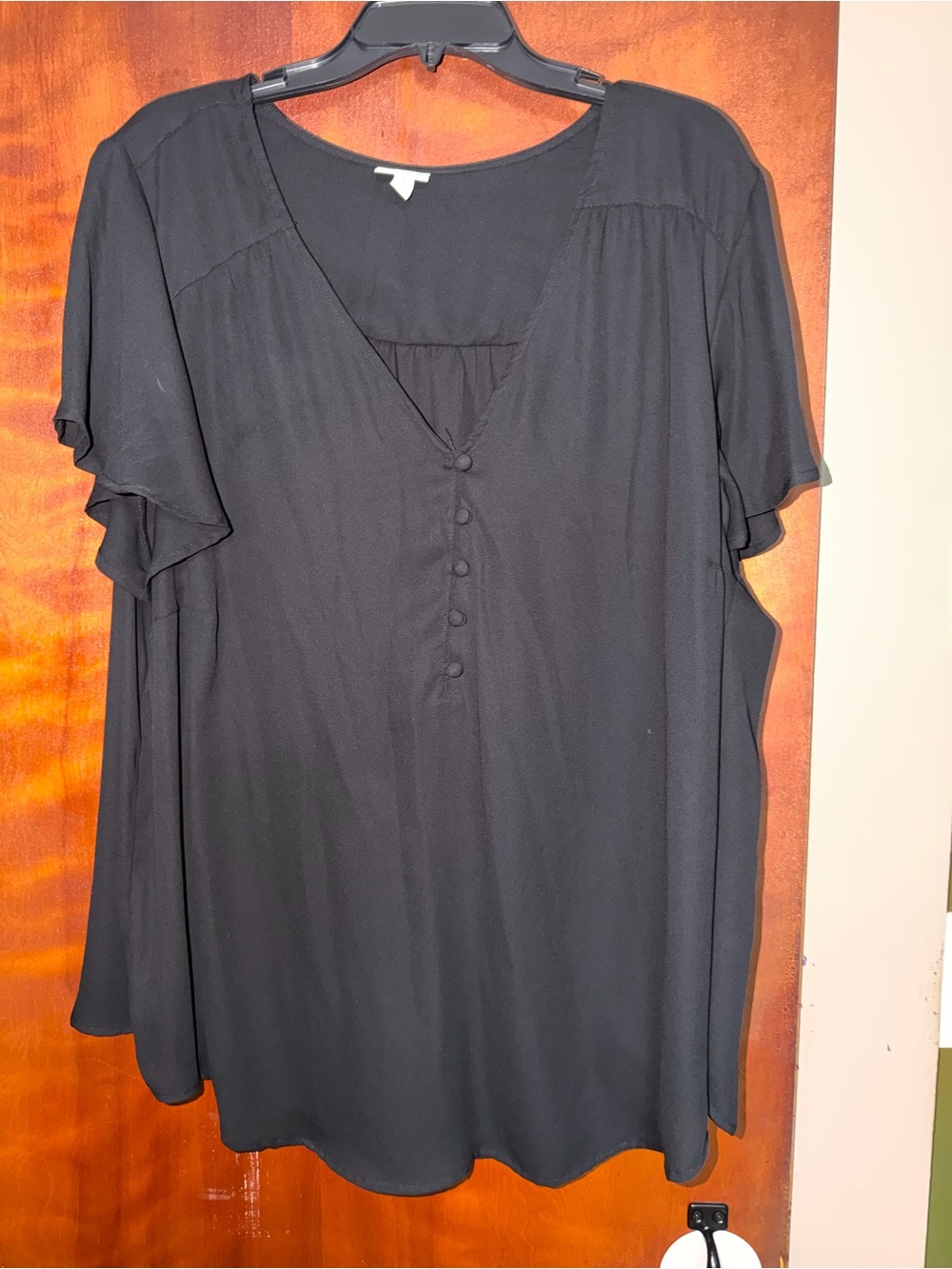 Black V-Neck Button Front Women’s Top flutter sleeve